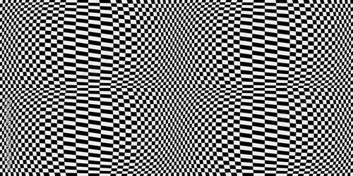 Checkered optical black and white pattern. Racing flag, curved and optical. Print and stylish interior design. Seamless vector decor pattern.