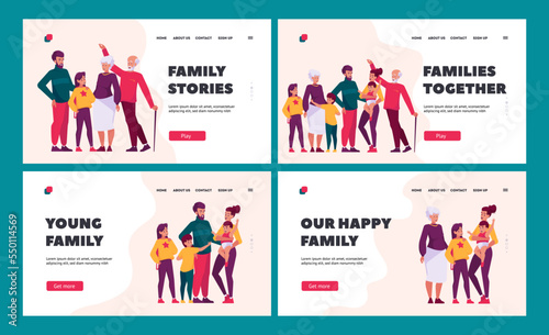 Big Family Together Landing Page Template Set. Happy Characters Mother, Father, Son, Daughter, Grandfather, Grandmother