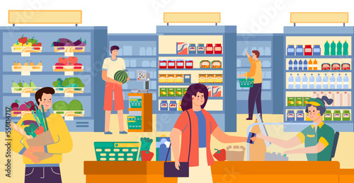 Group of people character together buy food product in grocery store, local supermarket with foodstuff flat vector illustration.