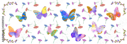 Butterflies floral watercolour pattern. Holiday, summer, Easter, Birthday, wedding template.