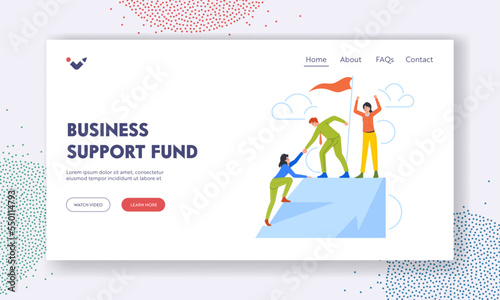 Business Support Fund Landing Page Template. Leader Character Help Colleague Climb to Top of Cleft with Red Flag