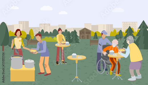 Group of people together help elderly human, volunteer care about disabled scene, outdoor relax garden flat vector illustration.