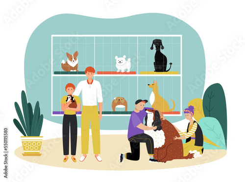 Lovely friendly family adopt dog pet, hound kennel area, character father, kid petting animal flat vector illustration, isolated on white.