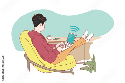 
people working Conducting online meetings with his team via video call concept of working from home and anywhere. Technology makes life more comfortable. in flat design