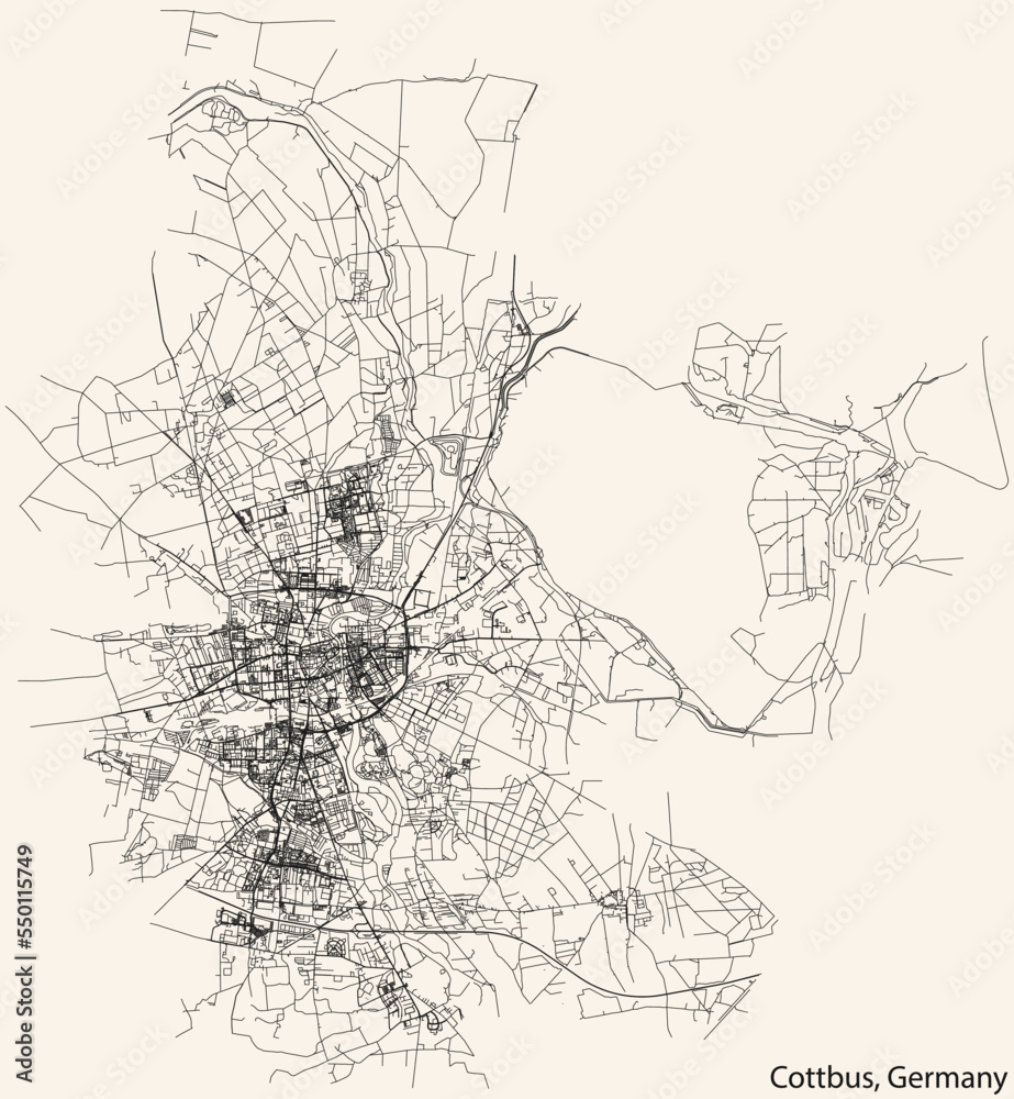 Detailed navigation black lines urban street roads map of the German town of COTTBUS, GERMANY on vintage beige background Detailed navigation black lines urban street roads map of the German town of COTTBUS, GERMANY on vintage beige background