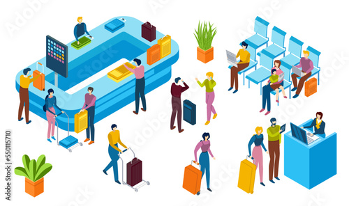 Registration airport desk, people receive check in baggage, character together wait plane 3d isometric vector illustration, isolated on white.