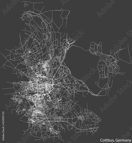 Detailed negative navigation white lines urban street roads map of the German town of COTTBUS, GERMANY on dark gray background