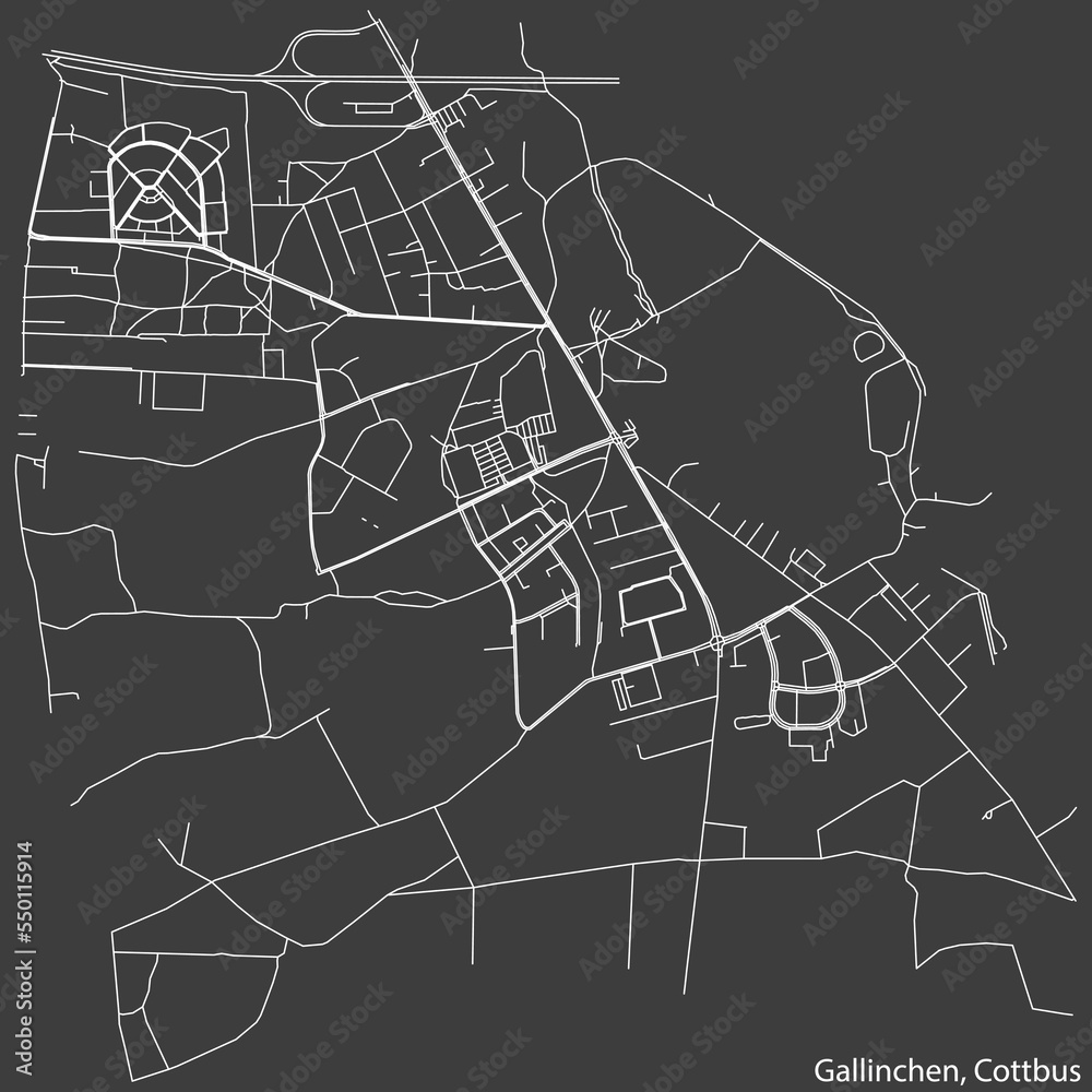 Detailed negative navigation white lines urban street roads map of the GALLINCHEN DISTRICT of the German town of COTTBUS, Germany on dark gray background