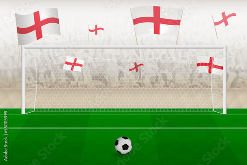 England football team fans with flags of England cheering on stadium, penalty kick concept in a soccer match.