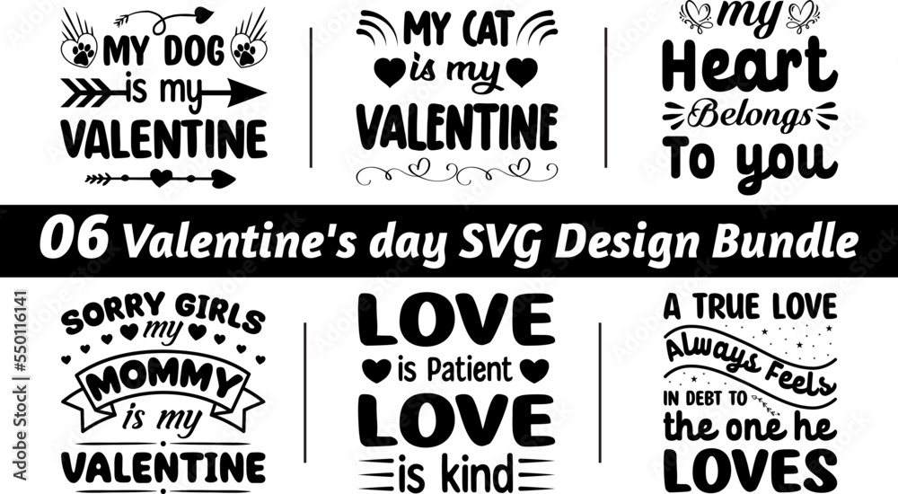 Valentine's day typography t-shirt and SVG design bundle. Bundle of 06 SVG eps Files for print on the bag, mugs, pillows, and t-shirts.