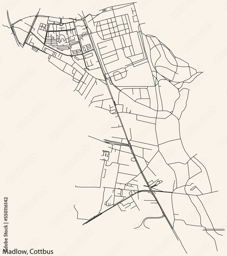 Detailed navigation black lines urban street roads map of the MADLOW DISTRICT of the German town of COTTBUS, Germany on vintage beige background