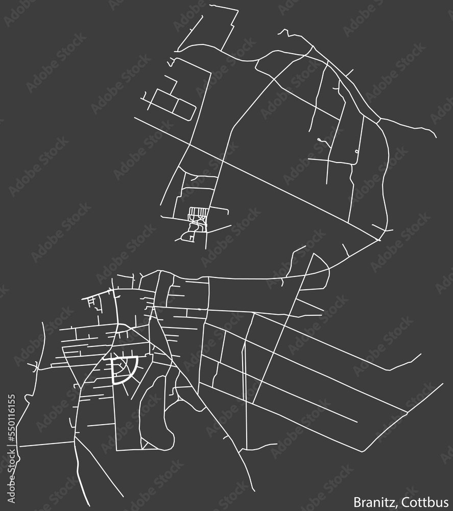 Detailed negative navigation white lines urban street roads map of the BRANITZ DISTRICT of the German town of COTTBUS, Germany on dark gray background
