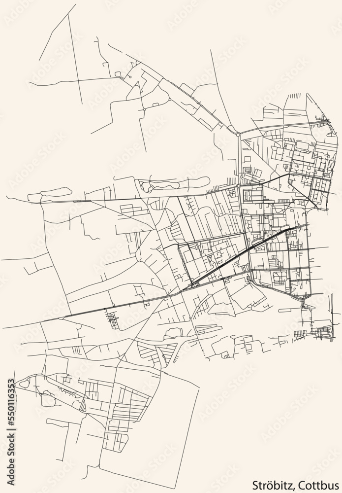 Detailed navigation black lines urban street roads map of the STRÖBITZ DISTRICT of the German town of COTTBUS, Germany on vintage beige background