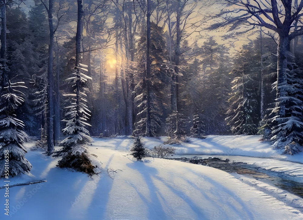 Naklejka premium This winter forest landscape is frigid and unforgiving. The trees are barren, their leaves long ago having been blown away by the harsh winds that howl through this place. The ground is covered in a t