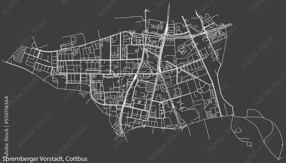 Detailed negative navigation white lines urban street roads map of the SPREMBERGER VORSTADT DISTRICT of the German town of COTTBUS, Germany on dark gray background