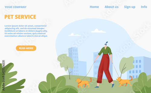Business assistance walking outdoor animal domestic dog pet, website landing page pet service, web page flat vector illustration.