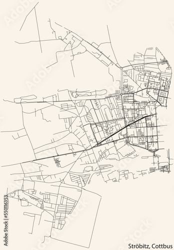 Detailed navigation black lines urban street roads map of the STRÖBITZ DISTRICT of the German town of COTTBUS, Germany on vintage beige background