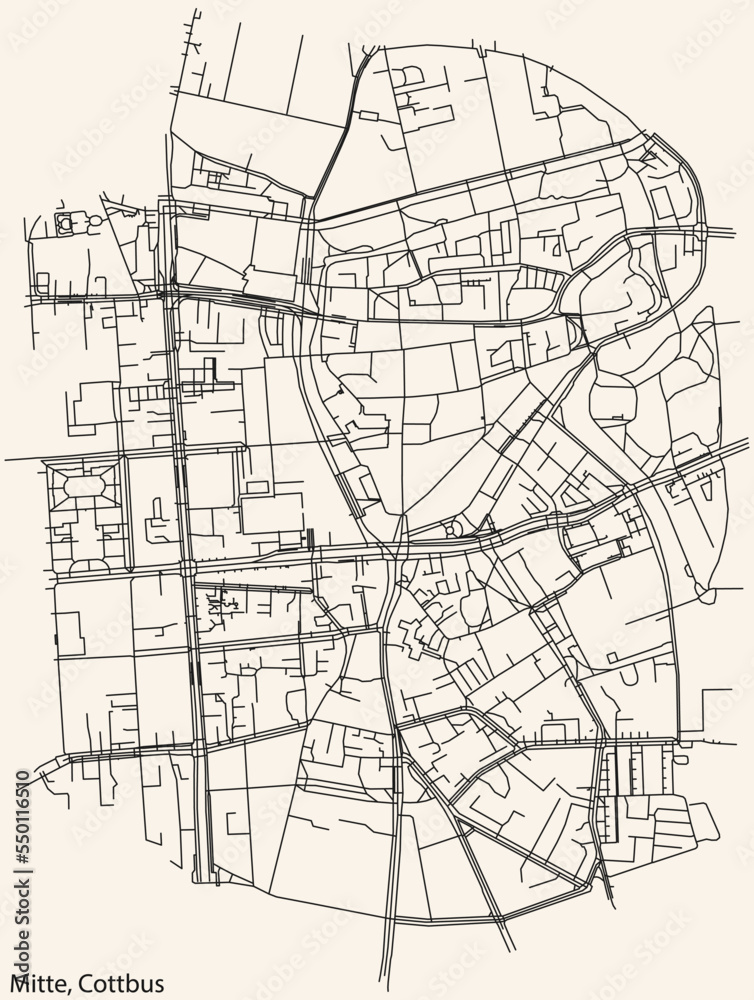 Detailed navigation black lines urban street roads map of the MITTE DISTRICT of the German town of COTTBUS, Germany on vintage beige background
