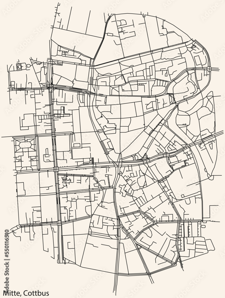 Detailed navigation black lines urban street roads map of the MITTE DISTRICT of the German town of COTTBUS, Germany on vintage beige background Detailed navigation black lines urban street roads map of the MITTE DISTRICT of the German town of COTTBUS, Germany on vintage beige background