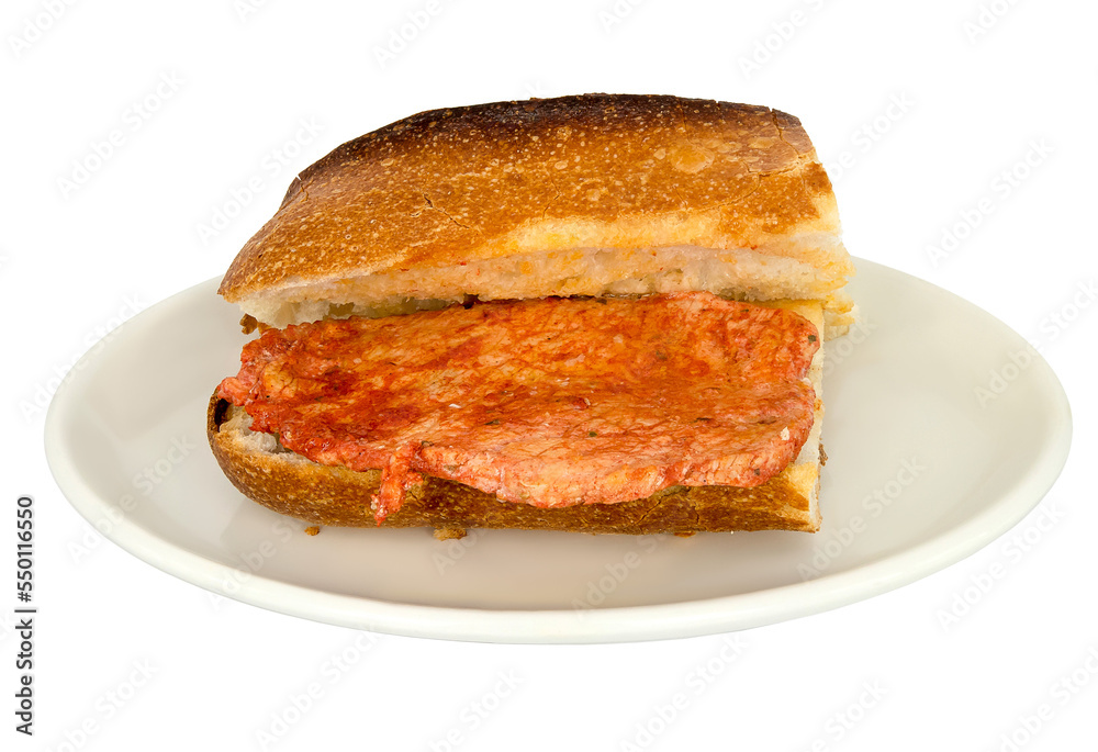 Sandwich with open bread of marinated tenderloin steak isolated on a plate. Sandwich with open bread of marinated tenderloin steak isolated on a plate.