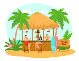 Vacation outdoor beach bar counter, people character together drink alcohol tropical country flat vector illustration, isolated on white.