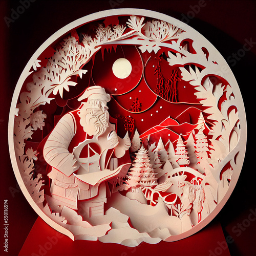 Red and White Winter and Christmas Paper Cut Illustration with Trees and Santa  photo