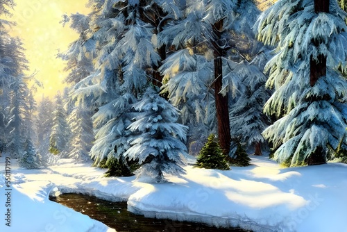 In the forest winter landscape, there is a scene of beauty and serenity. The trees are covered in soft blankets of snow, and the air is crisp and clean. Everything is still and peaceful. photo