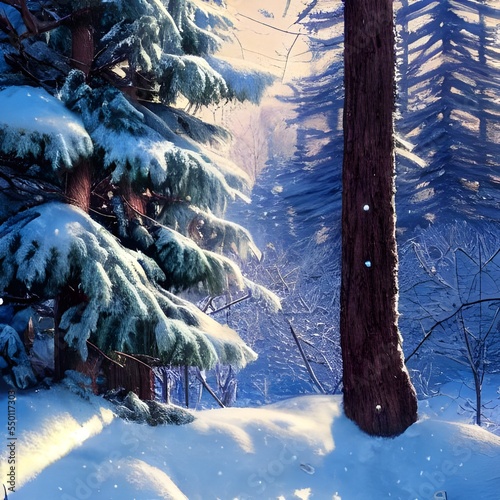 A thick blanket of snow covers the ground as far as the eye can see. Tall evergreen trees stand tall and proud, their branches heavy with snow. A small stream winds its way through the forest, barely 