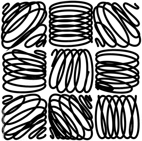 Hand drawn doodle abstract pattern in black and white style, texture background. Set of figures shape of spiral or spring, modern textile fabric. Wrapping paper design, print with curved lines