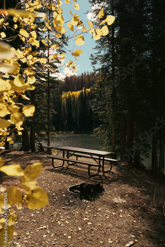 Campsite in autumn and lake front