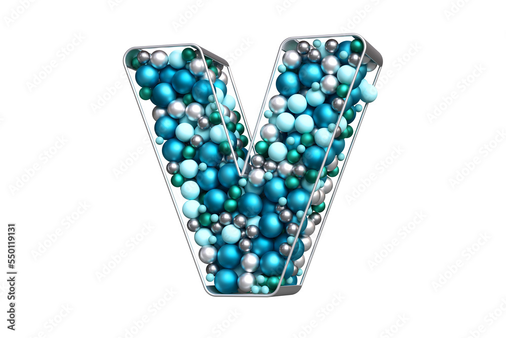 Creative font made of blue, silver and teal baubles, isolated letter V suitable for celebration and winter festive designs. High definition 3D rendering. Creative font made of blue, silver and teal baubles, isolated letter V suitable for celebration and winter festive designs. High definition 3D rendering.