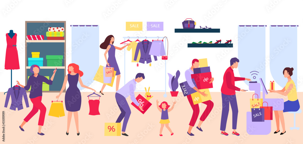 Group of people together shopping clothes store, woman and man hold box garment, store register queue flat vector illustration.