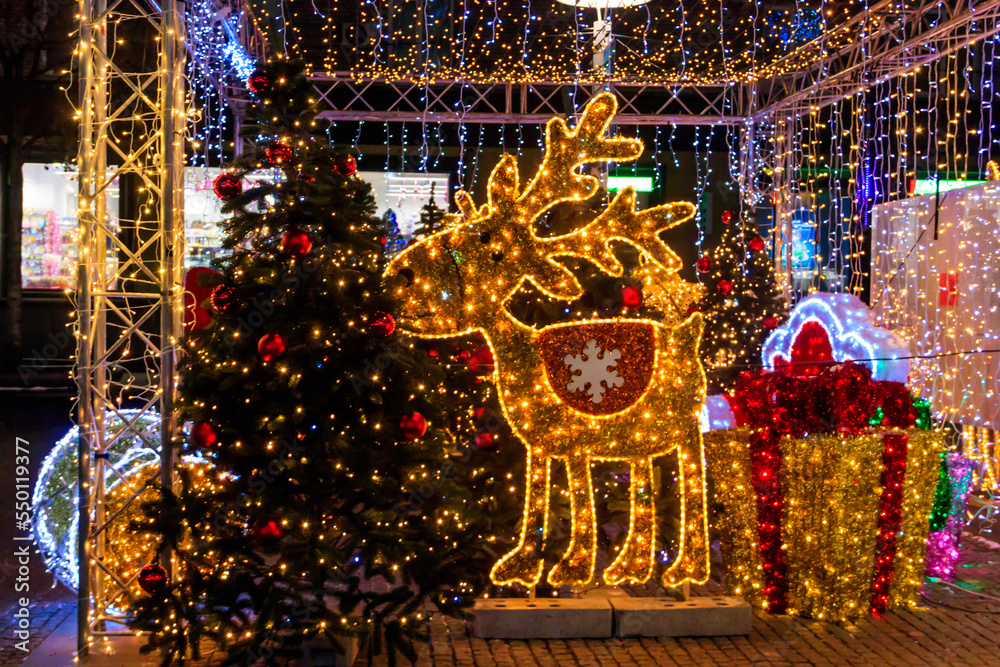 Fototapeta premium Illuminated Christmas deer at night. Decoration for Christmas and New Years holidays in a city park