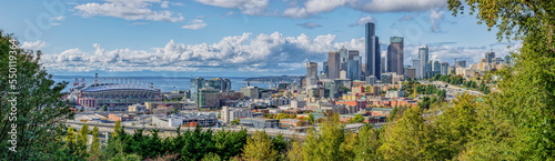 View of Seattle From Jose Rizal Park Overlook settle city and waterfront. Sunny with clouds HDR