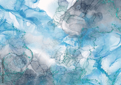 Turquoise Marble Background. Indigo Free Water Color. Marble Pattern. White Oil Painted Background. Frosty Watercolor Abstraction. Spot Abstract. Textures Paint.