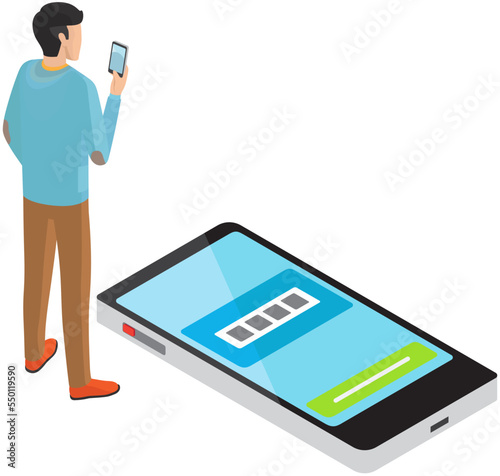 Man stands uses smartphone, browsing or chatting, texting or watching videos. Vector male character with phone checks charge of phone. Person with cellphone, guy communicating by mobile gadget