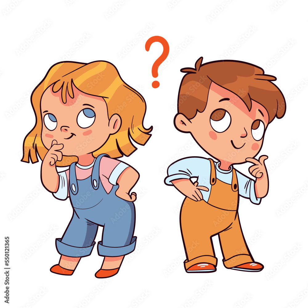 Girl and a boy stand pondering a question. Template for children design. Colorful cartoon characters. Funny vector illustration. Comic style. Isolated on white background Girl and a boy stand pondering a question. Template for children design. Colorful cartoon characters. Funny vector illustration. Comic style. Isolated on white background