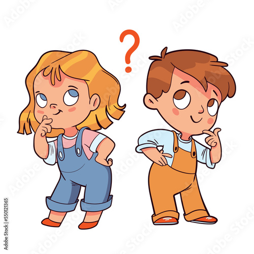 Girl and a boy stand pondering a question. Template for children design. Colorful cartoon characters. Funny vector illustration. Comic style. Isolated on white background