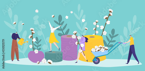 People tailor tiny character together decoration spool thread cotton, seamstress stitching clothes flat vector illustration.