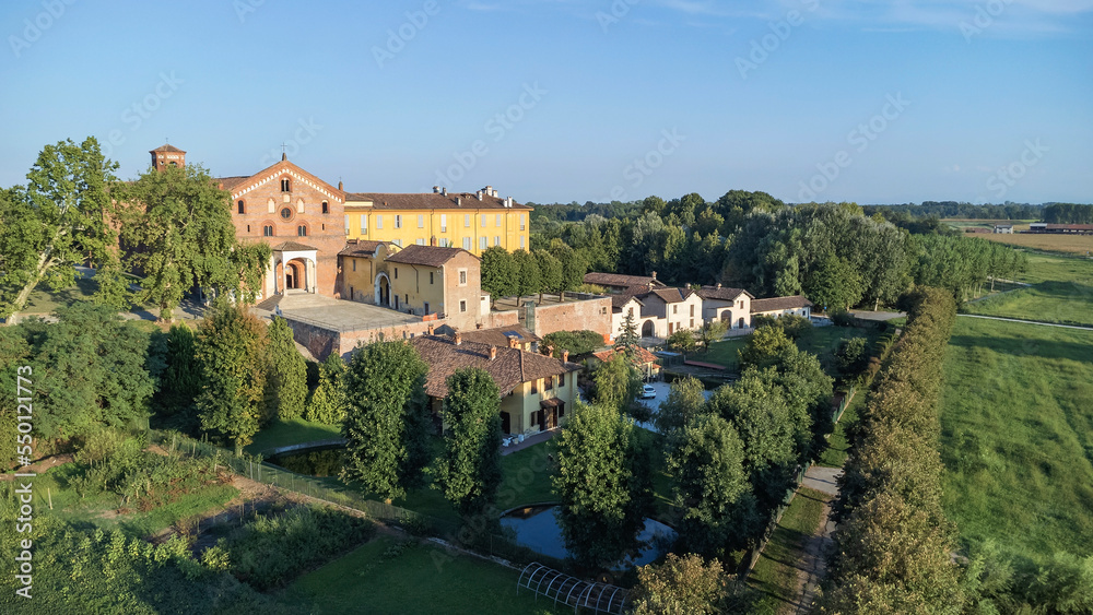 Aerial View Of The Morimondo Abbey. Morimondo, Province Of MIlan, Italy