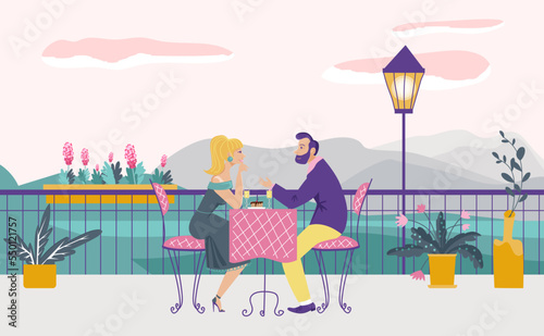 Lovely romantic date in cafe, couple sitting restaurant terrace, cozy place pair meeting flat vector illustration, natural landscape.
