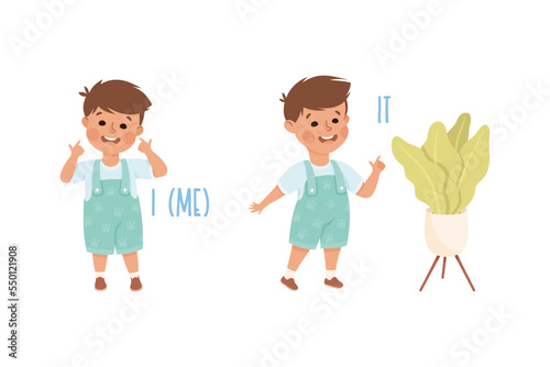 English Subject Pronoun with Funny Boy Demonstrating Word Vector Set