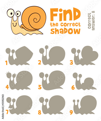 Snail. Find the correct shadow. Educational game for children. Cartoon vector illustration. Isolated on white background