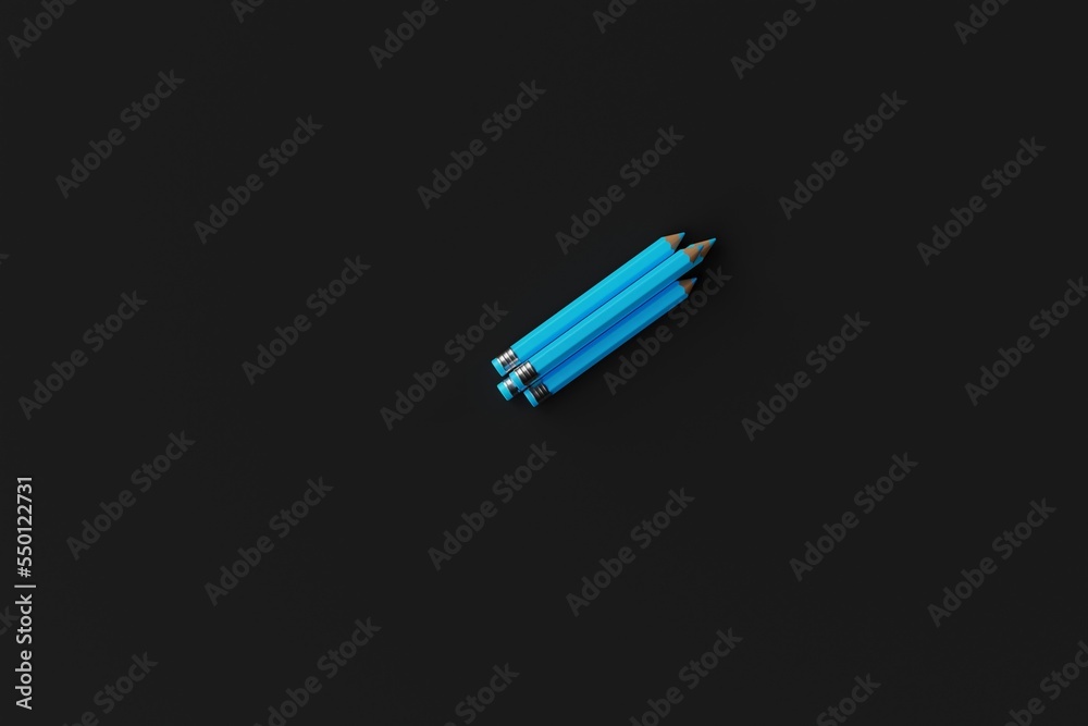 Three blue pencils on a dark background. Concept of school, back to school. 3d render. Three blue pencils on a dark background. Concept of school, back to school. 3d render.