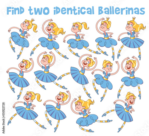 Ballerina. Find two same pictures. Educational game for children. Cartoon vector illustration. Isolated on white background