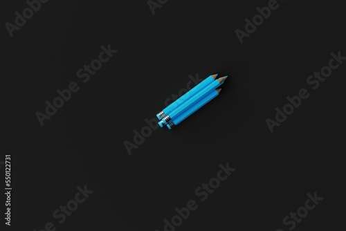 Three blue pencils on a dark background. Concept of school, back to school. 3d render.