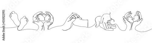 Set of hands of parents with children, baby feet, palms one line art. Continuous line drawing of motherhood, family, love, child, mother s day, handshake, tenderness.