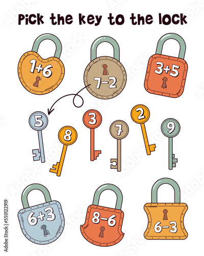 Pick the key to the lock. Educational math game for children. Cartoon vector illustration. Isolated on white background