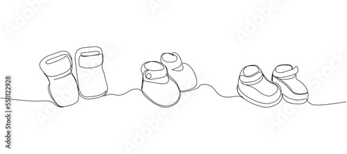 Set of children slippers, shoes, booties one line art. Continuous line drawing of clothes, dress, children, wardrobe, dress up, neat, comfortable, home, baby, knitting shoes
