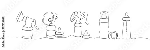 Set of breast pump with pacifier and baby bottle one line art. Continuous line drawing of milk, feeding, baby, newborn, child, baby food, breast milk, natural feeding.
